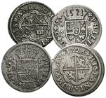FELIPE V. Lote compuesto por 4 monedas de 1 Real, conteniendo: 1736. Sevilla J. (Perforación), 1726. Sevilla J (2) y 1736. Madrid JF. Ar. MBC-/MBC+. A...