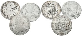 CARLOS III. Lote compuesto por 3 monedas de 8 Reales, conteniendo: 1783 Potosí PR; 1785 México FM y 1790 México FM. Ar. BC+/MBC-. A EXAMINAR.