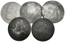 CARLOS III y CARLOS IV. Lote compuesto por 5 monedas de 8 Reales: 1781 Lima MI, 1794 Potosí PR, 1806 Guatemala M (2) y 1807 México TH. Todas con oxida...
