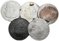 CARLOS IV. Lote compuesto por 5 monedas de 8 Reales: 1796 Guatemala M, 1805 Guatemala M y 1806 Guatemala M (3). Todas con oxidaciones marinas. Ar. BC+...