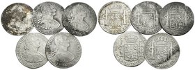 CARLOS IV. Lote compuesto por 5 monedas de 8 Reales de México: 1797 FM, 1803 FT, 1804 TH y 1805 TH (2). Todos con oxidaciones marinas. Ar. BC+/MBC. A ...