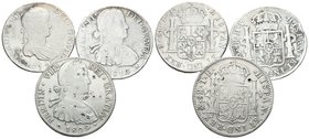 FERNANDO VII. Lote compuesto por 3 monedas de 8 Reales, conteniendo: 1809 México TH; 1810 México HJ y 1817 Potosí PJ. Ar. BC+/MBC+. A EXAMINAR.