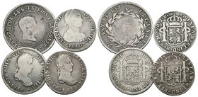 FERNANDO VII. Lote compuesto por 4 monedas de plata, conteniendo: 2 Reales 1810 Lima JP; 2 Reales 1813 Potosí PJ; 2 Reales 1818 Lima JP y 10 Reales 18...