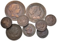 ISABEL II. Lote compuesto por 9 monedas de cobre, conteniendo: 1 Céntimo de Escudo 1868 Jubia, 1867 (3) y 1868 Segovia; 10 Céntimos de Real 1861 Segov...