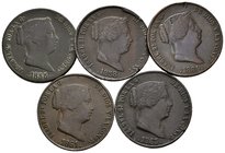 ISABEL II. Lote compuesto por 4 monedas de 25 Céntimos de Real de Segovia de los años 1855, 1858, 1861, 1863 y 1864. Ae. MBC-/MBC+. A EXAMINAR.