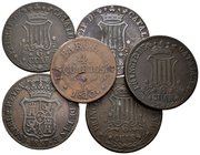 ISABEL II. Lote compuesto por 6 monedas de cobre de Barcelona, conteniendo: 6 Cuartos 1836, 1837, 1841, 1843 y 1844 y 4 Cuartos 1810. Ae. MBC-/MBC. A ...
