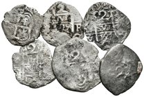 MONARQUIA ESPAÑOLA. Lote compuesto por 6 monedas de plata macuquinas de Felipe V: 4 Reales y 2 Reales 172?, 1726, 1728, 1735 y 1738. Oxidaciones marin...