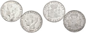 CENTENARIO DE LA PESETA. Lote compuesto por 2 monedas de 1 Peso pertenecientes al reinado de AlfonsoXIII: 1897 Manila SGV. Uno de ellos con leyenda ma...
