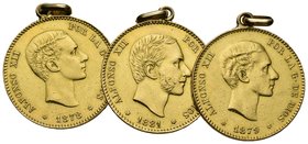 CENTENARIO DE LA PESETA. Lote compuesto por 3 monedas de 25 Pesetas de Alfonso XII, conteniendo: 1878 *18-78 EMM, 1879 *18-79 EMM y 1881 *18-81 MSM. A...