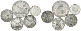 CENTENARIO DE LA PESETA. Lote compuesto por monedas de la I y II República, 1 Peseta de 1869, 1 Peseta de 1870, 5 Pesetas de 1870 y 1 Peseta de 1933. ...