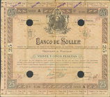 BANCO DE SOLLER (Mallorca). Obligación 25 Pesetas. 1893. Taladros. R/ Imagen del pueblo. MBC-. Rara.