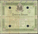 BANCO DE SOLLER (Mallorca). Obligación 100 Pesetas. 1893. Taladros. R/ Imagen del pueblo. MBC-. Escasa.