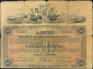 COMPAÑIA DE LOS FERROCARRILES (Mallorca). Obligación 50 Pesetas. 1911. Completa con cupones. MBC-.