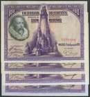 Conjunto de 4 billetes de 100 Pesetas emitidos el 15 de Agosto de 1928, sin serie (3) y serie E (1) (Edifil 2017: 355, 355a). MBC.