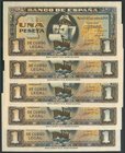 Conjunto de 5 billetes correlativos de 1 Peseta emitidos el 4 de Septiembre de 1940, serie G (Edifil 2017: 442a). SC.