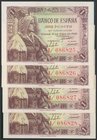 Conjunto de 4 billetes correlativos de 1 Peseta emitidos el 15 de Junio de 1945 de la serie L (Edifil 2017: 448a), todos ellos con apresto original. S...