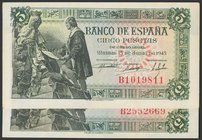 Conjunto de dos billetes de 5 Pesetas, emitidos el 15 de Junio de 1945 y de la serie B. (Edifil 2017: 449a). EBC/EBC+.