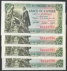 Conjunto de 4 billetes correlativos de 5 Pesetas emitidos el 15 de Junio de 1945 de la serie E (Edifil 2017: 449a), con el apresto original. SC.