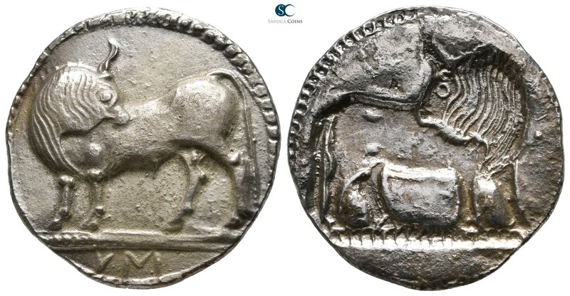 Lucania. Sybaris circa 520 BC. 
Nomos AR

27 mm., 8,15 g.

VM (= ΣΥ) Bull s...