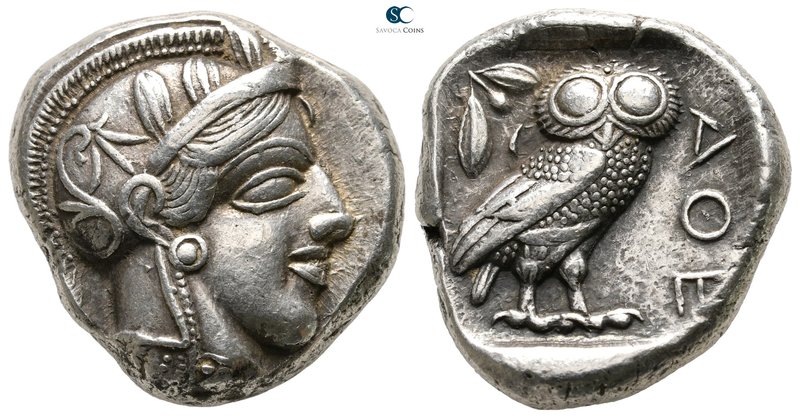 Attica. Athens circa 454-404 BC. 
Tetradrachm AR

23 mm., 17,22 g.

Head of...