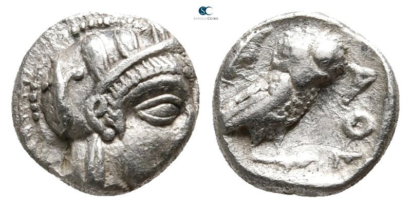 Attica. Athens 452-404 BC. 
Obol AR

8 mm., 0,71 g.

Head of Athena with pr...