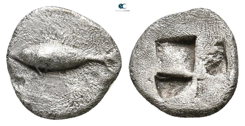Mysia. Kyzikos circa 600-550 BC. 
Obol AR

9 mm., 0,66 g.

Tunny fish left ...