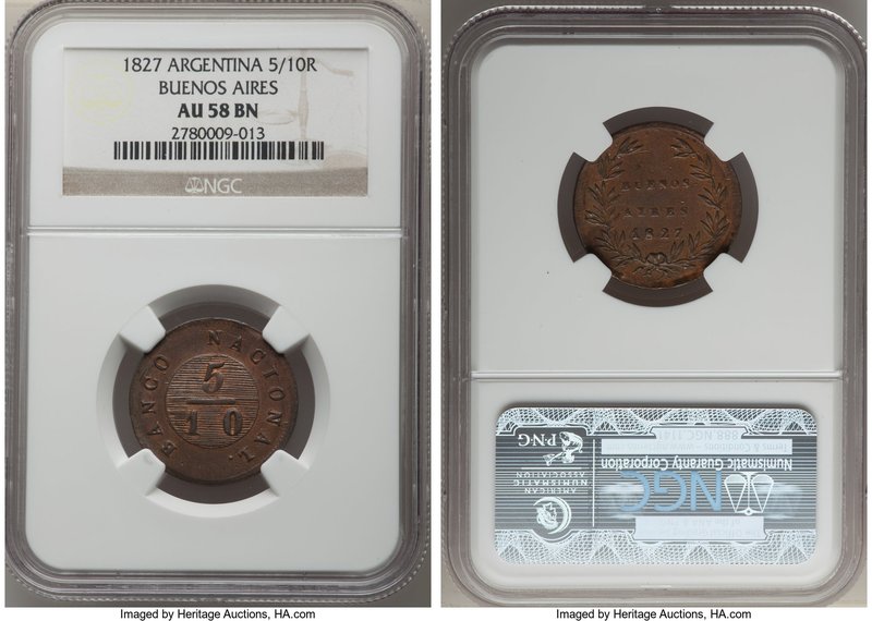Buenos Aires. Provincial 5/10 Real 1827 AU58 Brown NGC, KM3. Glossy and near-min...