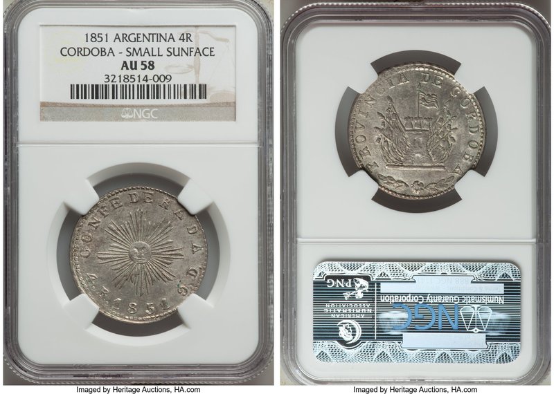 Cordoba. Provincial 4 Reales 1851 AU58 NGC, KM24.3. Small Sunface variety. An un...