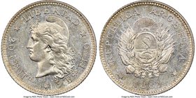 Republic 20 Centavos 1883 MS63 NGC, KM27. Dressed in a silver patina, with watery, reflective fields. 

HID09801242017