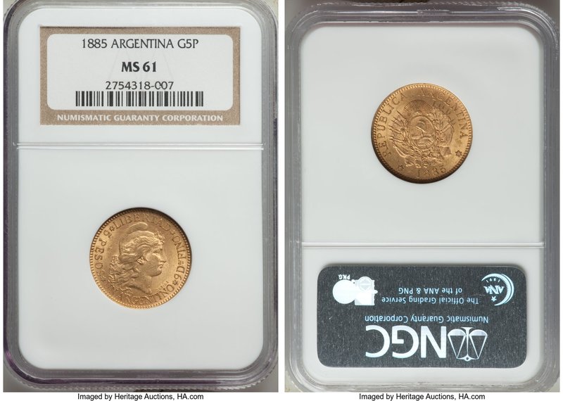 Republic gold 5 Pesos (Argentino) 1885 MS61 NGC, KM31. A highly pleasing coin wi...