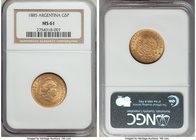 Republic gold 5 Pesos (Argentino) 1885 MS61 NGC, KM31. A highly pleasing coin with few abrasions and full cartwheel luster. 

HID09801242017