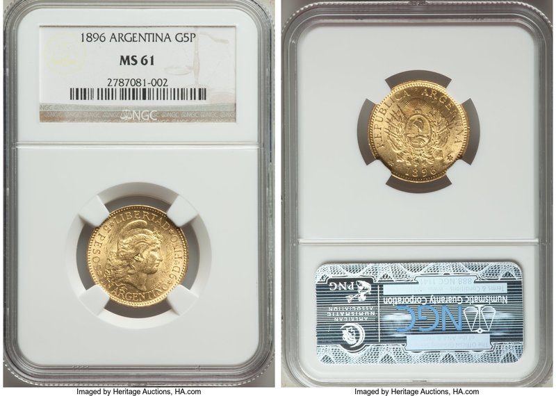 Republic gold 5 Pesos (Argentino) 1896 MS61 NGC, KM31. A fully attractive specim...