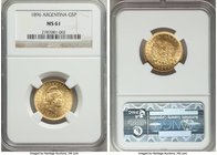 Republic gold 5 Pesos (Argentino) 1896 MS61 NGC, KM31. A fully attractive specimen with only light scattered bagmarks. 

HID09801242017