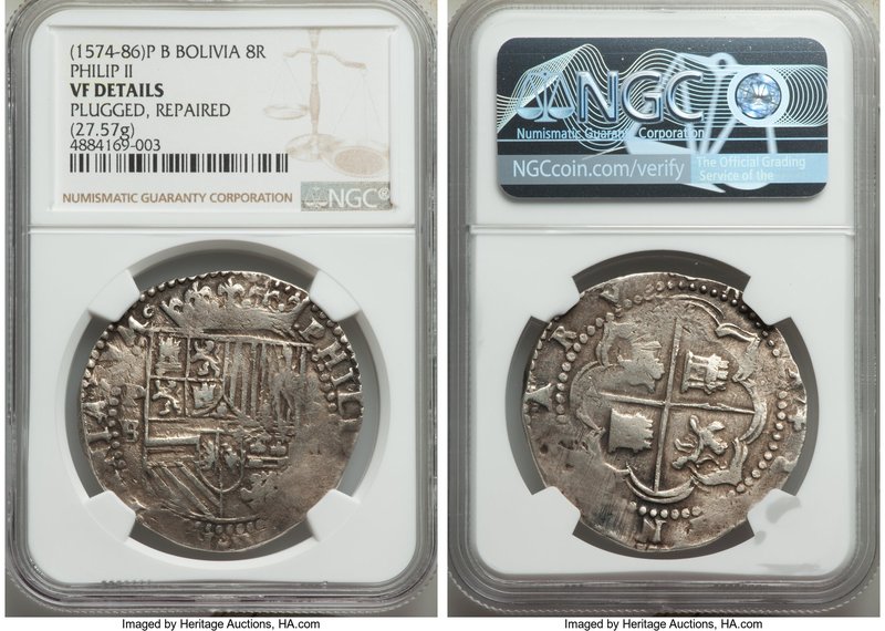 Philip II Cob 8 Reales ND (1574-1586) P-B VF Details (Plugged, Repaired) NGC, Po...