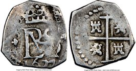 Philip IV Cob 1/2 Real 1627 VF25 NGC, KM-Unl., Cay-5605. 1.77gm. An interesting study piece whose date appears to be unlisted in the Standard Catalog ...