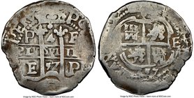 Philip IV Cob 4 Reales 1657 P-E VF25 NGC, Potosi mint, KM18. 14.36gm. An emission benefitting from a well-placed strike, such that all the defining fe...