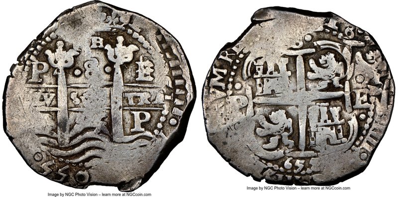 Philip IV Cob 8 Reales 1655 P-E-PH VF20 NGC, Potosi mint, KM21. 27.13gm. A bette...