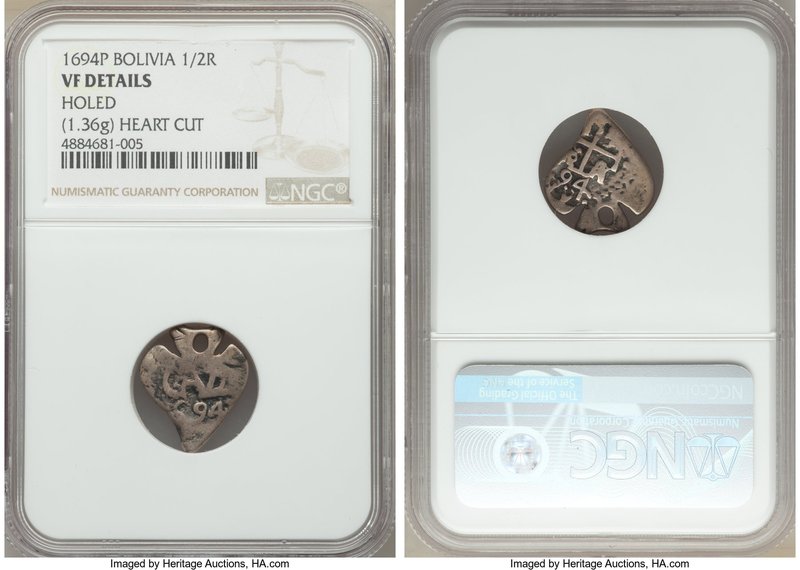 Charles II Cob "Heart" 1/2 Real 1694-P VF Details (Holed) NGC, Potosi mint, KM22...