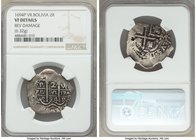 Charles II Cob 2 Reales 1694 P-VR VF Details (Reverse Damage) NGC, Potosi mint, KM24. 6.32gm. Well-defined and offering a crisp contrast between the c...