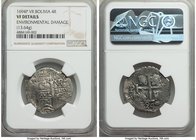 Charles II Cob 4 Reales 1694 P-VR VF Details (Environmental Damage) NGC, Potosi mint, KM25, Cal-522. 13.64gm. Displaying a clear date on both sides al...