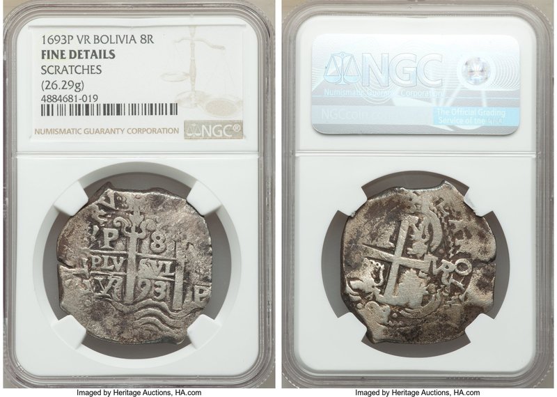 Charles II Cob 8 Reales 1693 P-VR Fine Details (Scratches) NGC, Potosi mint, KM2...
