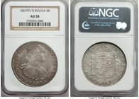Charles IV 8 Reales 1807 PTS-PJ AU58 NGC, Potosi mint, KM73. Possessing significantly more flash than the assigned grade would usually suggest, some l...