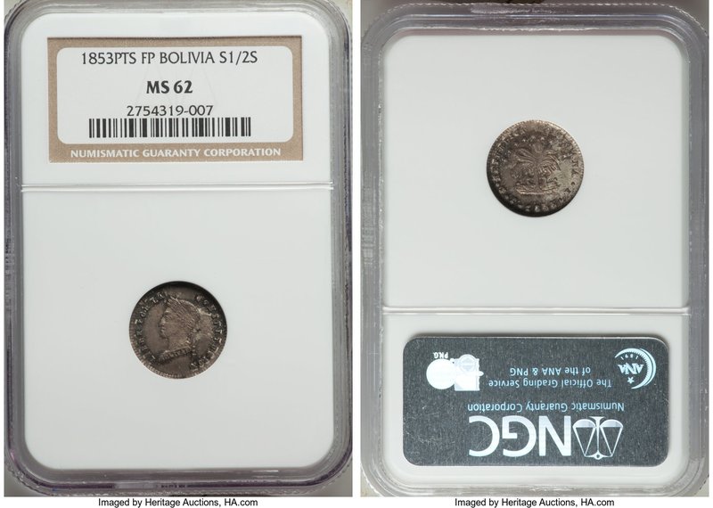 Republic 1/2 Sol 1853 PTS-FP MS62 NGC, Potosi mint, KM118.1. Patinated with a de...