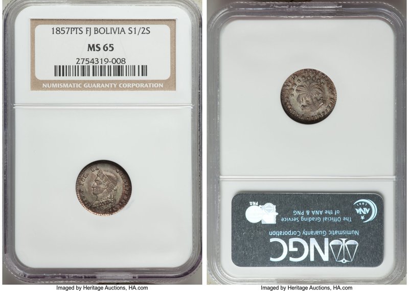 Republic 1/2 Sol 1857 PTS-FJ MS65 NGC, Potosi mint, KM118.2. Boldly rendered for...