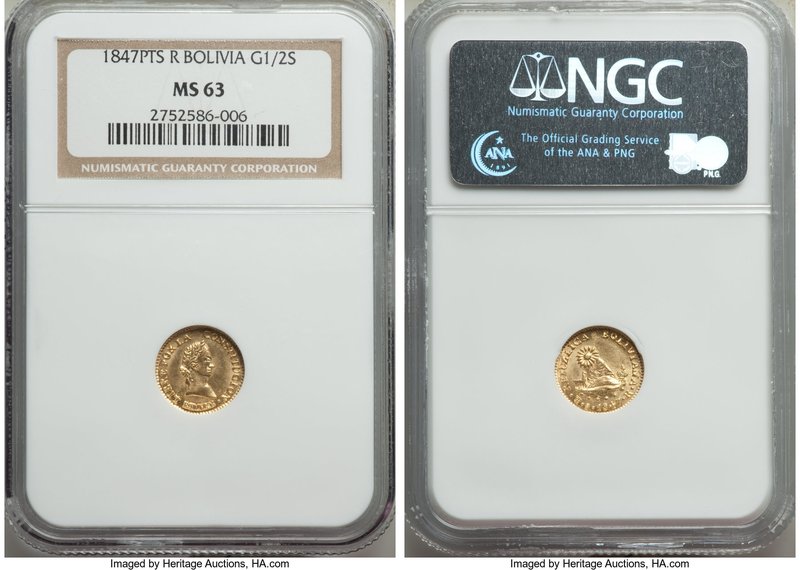 Republic gold 1/2 Scudo 1847 PTS-R MS63 NGC, Potosi mint, KM104. A premium type ...