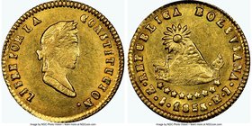 Republic gold 1/2 Scudo 1855 PTS-MJ MS63+ NGC, Potosi mint, KM113. A luminous and choice example of this smaller gold type bathed in warm mint brillia...
