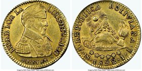 Republic gold Scudo 1832 PTS-JL AU58 NGC, Potosi mint, KM98. A sun-gold selection marked by strong preservation and absolutely minimal wear, Bolivar's...