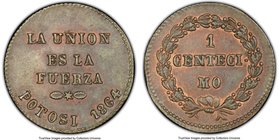 Republic Centecimo 1864 AU55 Brown PCGS, KM147. Mintage: 10,000. Deeply toned and displaying red accents surrounding the devices. Few remain in simila...