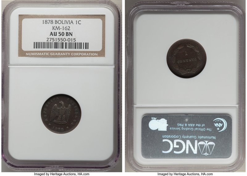 Republic Centavo 1878 AU50 NGC, KM162. A fleeting one-year type endowed with ric...