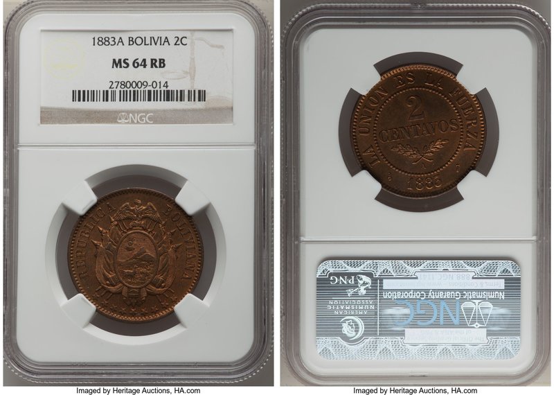 Republic 2 Centavos 1883-A MS64 Red and Brown NGC, Paris mint, KM168. Very near ...